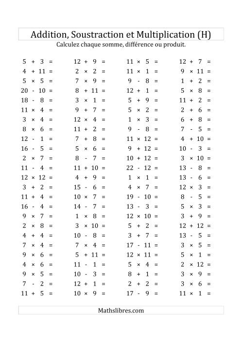100 Questions sur l'Addition, Soustraction & Multiplication Horizontale de 1 à 12 (USA & Canada) (H)