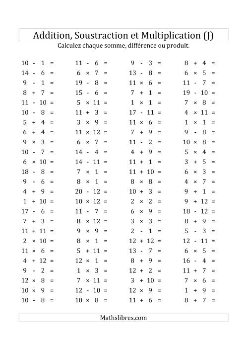 100 Questions sur l'Addition, Soustraction & Multiplication Horizontale de 1 à 12 (USA & Canada) (J)