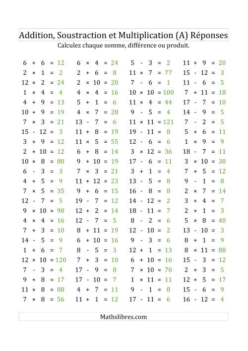 100 Questions sur l'Addition, Soustraction & Multiplication Horizontale de 1 à 12 (USA & Canada) (Tout) page 2