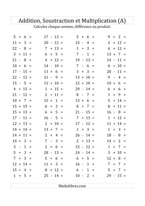 100 Questions sur l'Addition, Soustraction & Multiplication Horizontale de 1 à 15 (USA & Canada) (A)