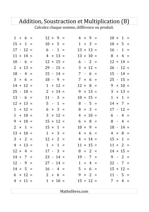 100 Questions sur l'Addition, Soustraction & Multiplication Horizontale de 1 à 15 (USA & Canada) (B)