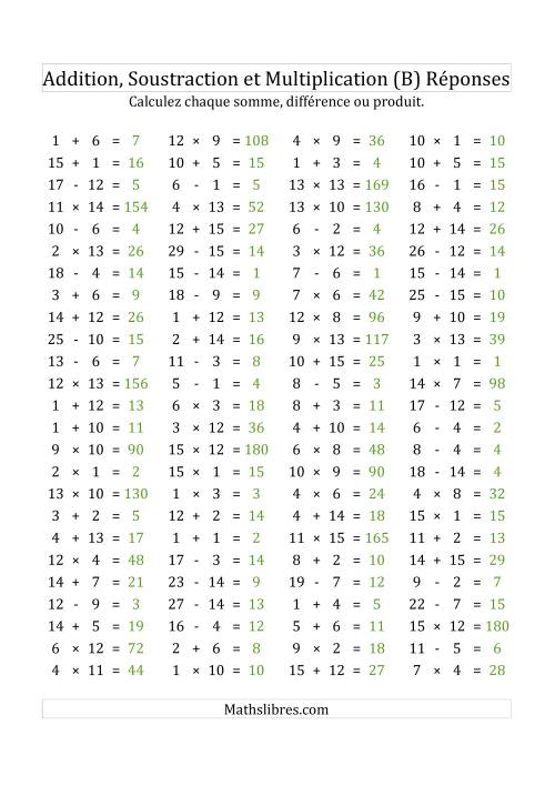 100 Questions sur l'Addition, Soustraction & Multiplication Horizontale de 1 à 15 (USA & Canada) (B) page 2