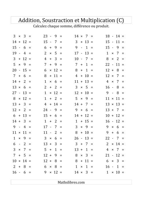 100 Questions sur l'Addition, Soustraction & Multiplication Horizontale de 1 à 15 (USA & Canada) (C)