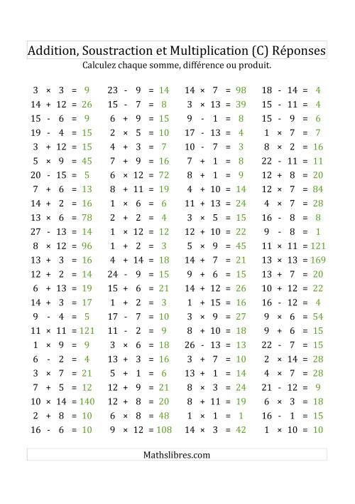 100 Questions sur l'Addition, Soustraction & Multiplication Horizontale de 1 à 15 (USA & Canada) (C) page 2