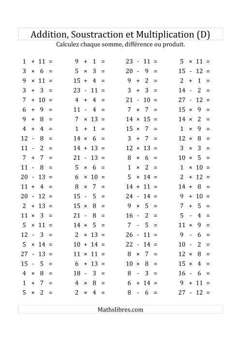 100 Questions sur l'Addition, Soustraction & Multiplication Horizontale de 1 à 15 (USA & Canada) (D)