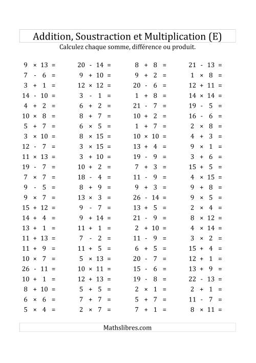 100 Questions sur l'Addition, Soustraction & Multiplication Horizontale de 1 à 15 (USA & Canada) (E)