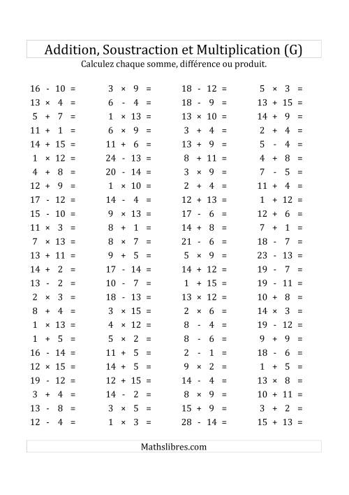 100 Questions sur l'Addition, Soustraction & Multiplication Horizontale de 1 à 15 (USA & Canada) (G)