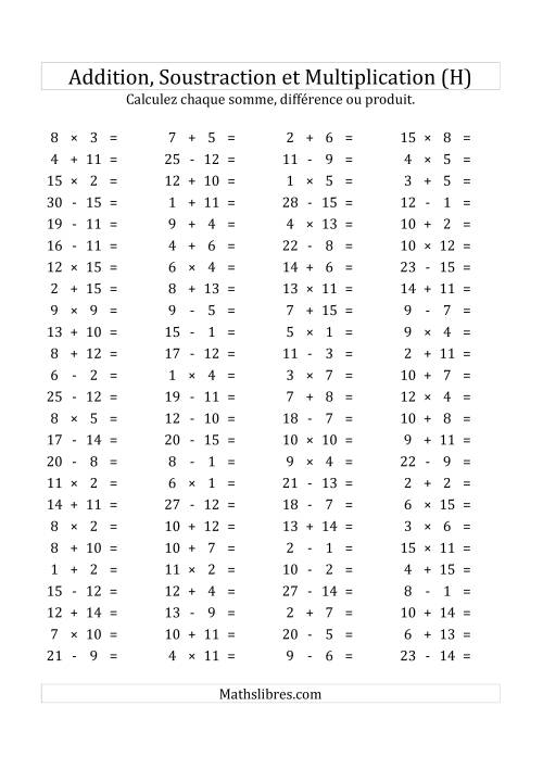 100 Questions sur l'Addition, Soustraction & Multiplication Horizontale de 1 à 15 (USA & Canada) (H)