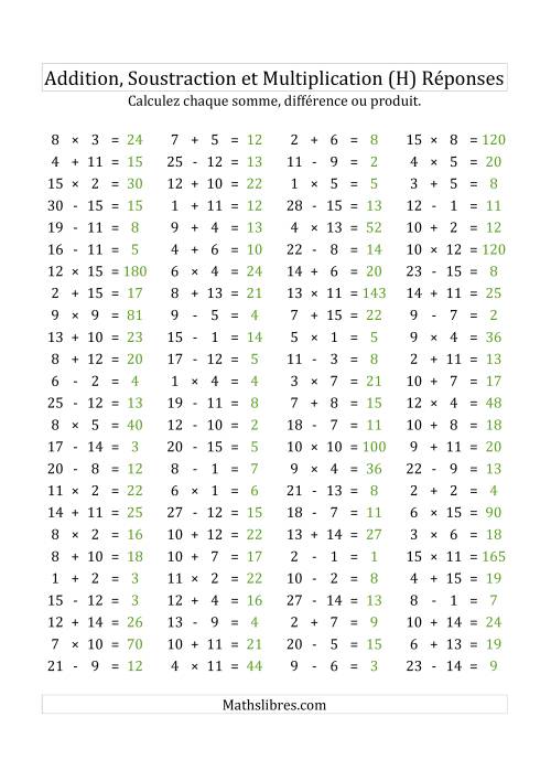 100 Questions sur l'Addition, Soustraction & Multiplication Horizontale de 1 à 15 (USA & Canada) (H) page 2
