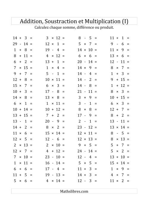 100 Questions sur l'Addition, Soustraction & Multiplication Horizontale de 1 à 15 (USA & Canada) (I)