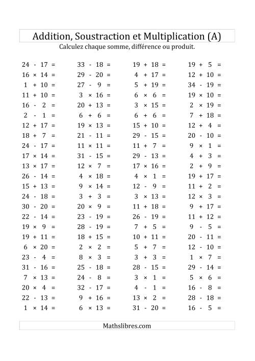 100 Questions sur l'Addition, Soustraction & Multiplication Horizontale de 1 à 20 (USA & Canada) (A)