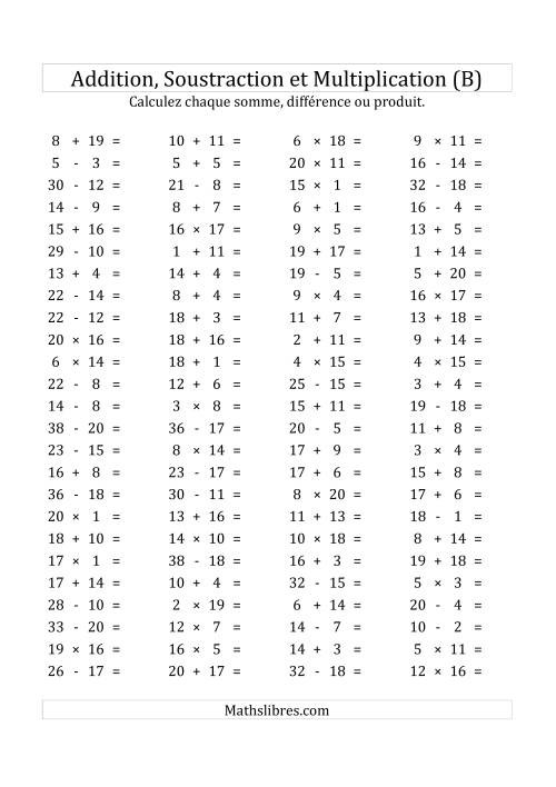 100 Questions sur l'Addition, Soustraction & Multiplication Horizontale de 1 à 20 (USA & Canada) (B)