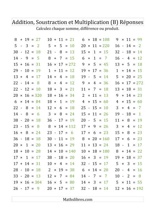 100 Questions sur l'Addition, Soustraction & Multiplication Horizontale de 1 à 20 (USA & Canada) (B) page 2