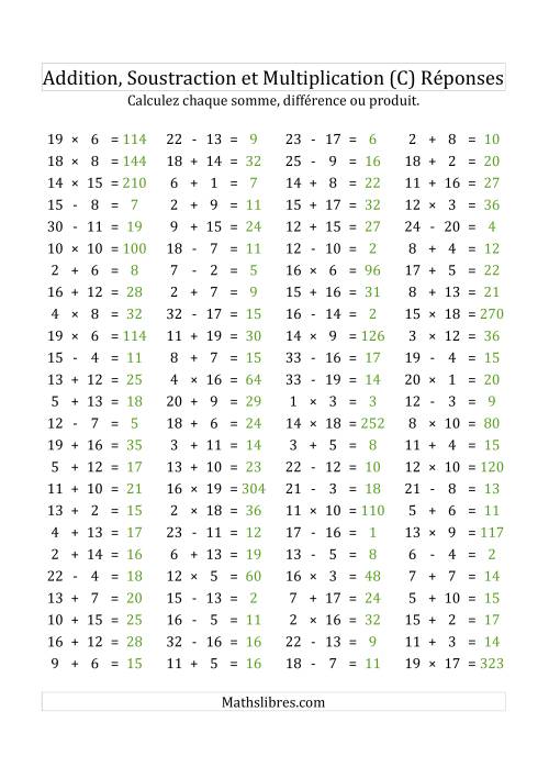 100 Questions sur l'Addition, Soustraction & Multiplication Horizontale de 1 à 20 (USA & Canada) (C) page 2