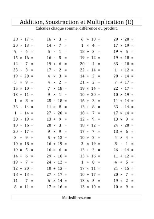 100 Questions sur l'Addition, Soustraction & Multiplication Horizontale de 1 à 20 (USA & Canada) (E)