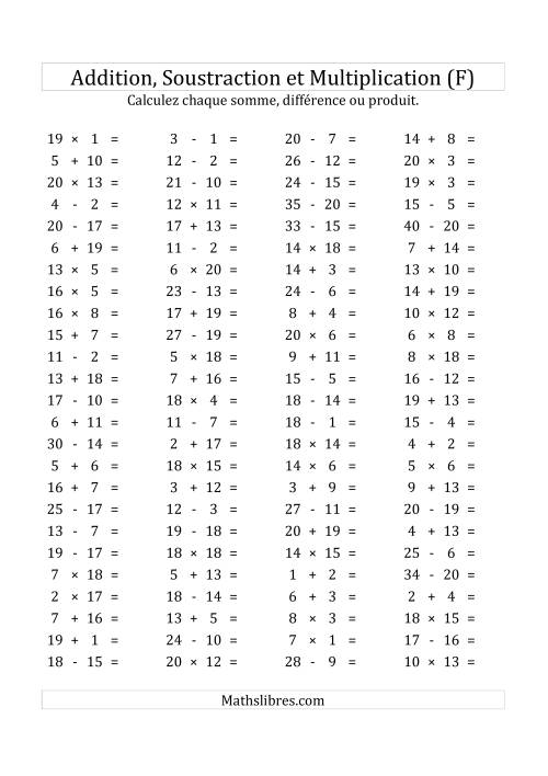 100 Questions sur l'Addition, Soustraction & Multiplication Horizontale de 1 à 20 (USA & Canada) (F)