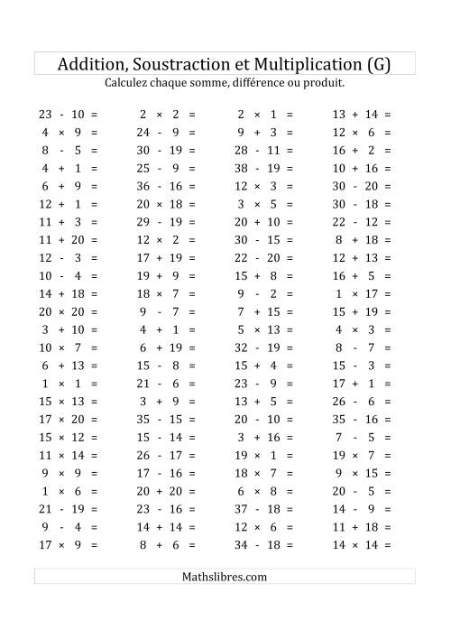 100 Questions sur l'Addition, Soustraction & Multiplication Horizontale de 1 à 20 (USA & Canada) (G)