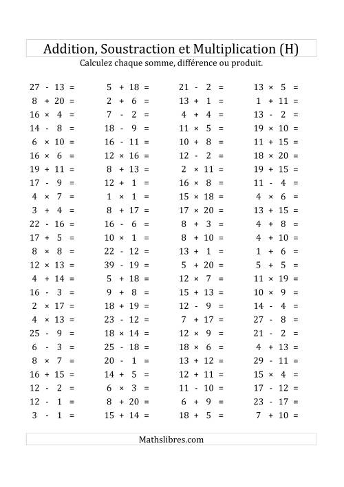 100 Questions sur l'Addition, Soustraction & Multiplication Horizontale de 1 à 20 (USA & Canada) (H)