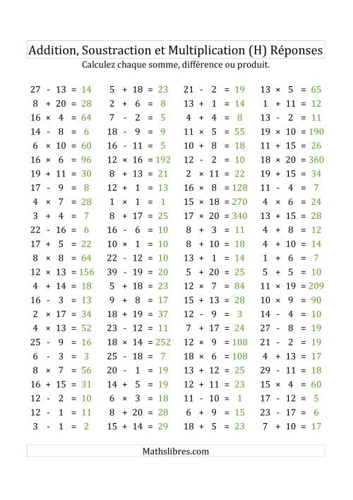 100 Questions sur l'Addition, Soustraction & Multiplication Horizontale de 1 à 20 (USA & Canada) (H) page 2