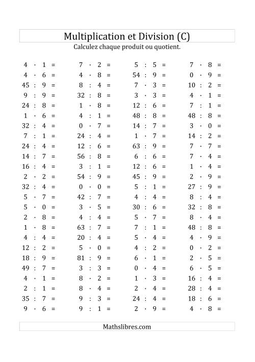 100 Questions sur la Multiplication/Division Horizontale de 0 à 9 (C)