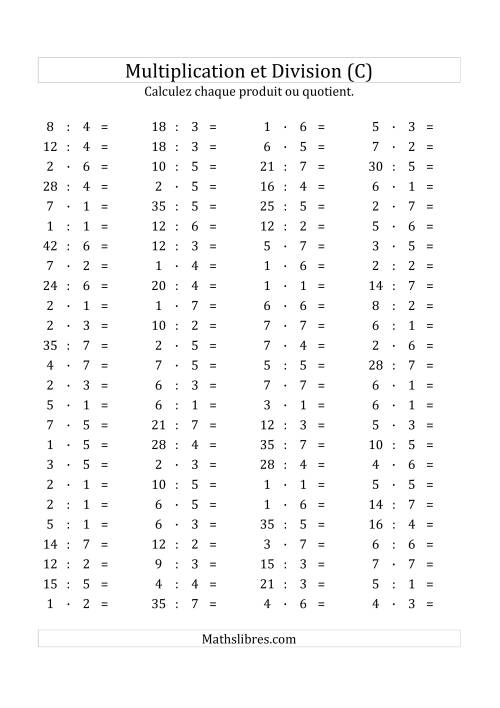 100 Questions sur la Multiplication/Division Horizontale de 1 à 7 (C)