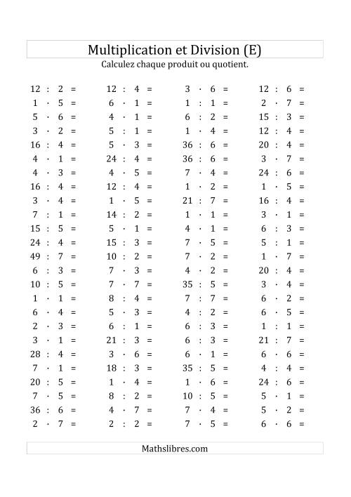 100 Questions sur la Multiplication/Division Horizontale de 1 à 7 (E)