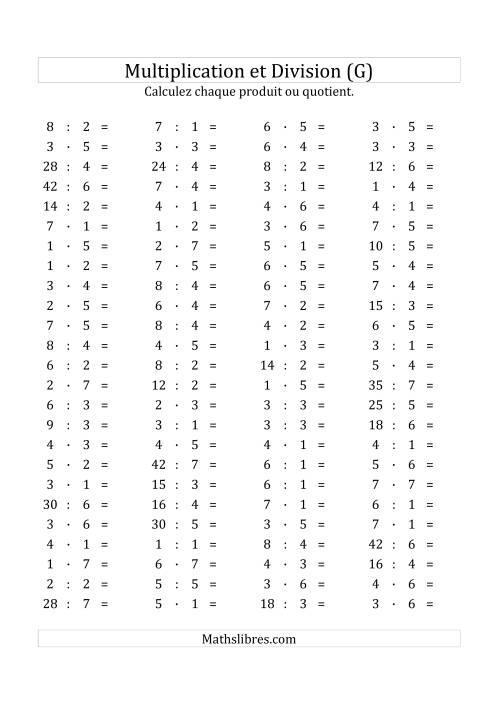 100 Questions sur la Multiplication/Division Horizontale de 1 à 7 (G)