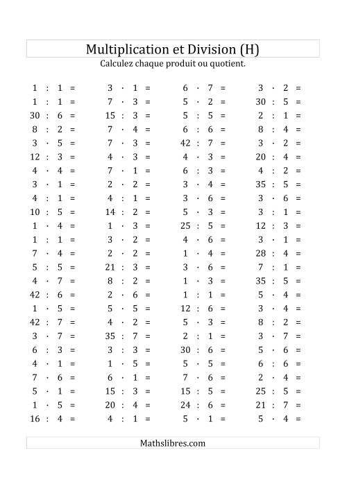 100 Questions sur la Multiplication/Division Horizontale de 1 à 7 (H)