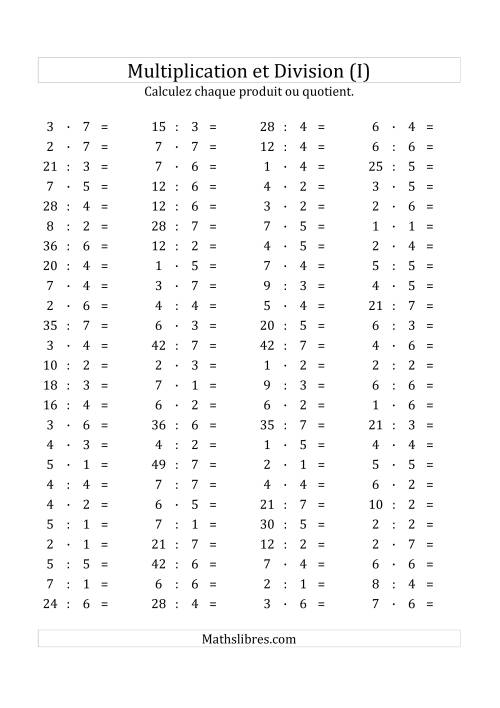 100 Questions sur la Multiplication/Division Horizontale de 1 à 7 (I)