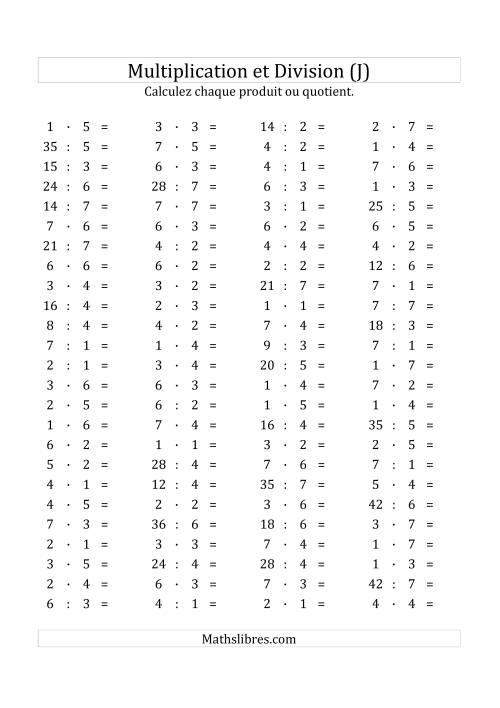 100 Questions sur la Multiplication/Division Horizontale de 1 à 7 (J)