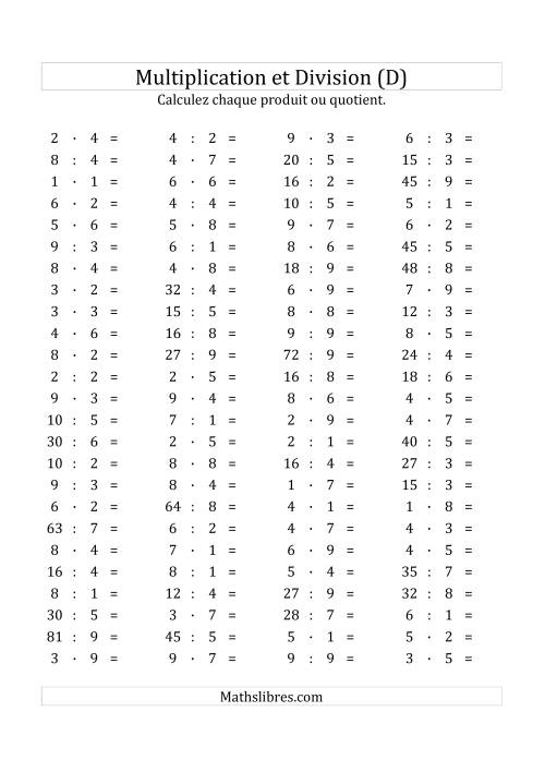 100 Questions sur la Multiplication/Division Horizontale de 1 à 9 (D)