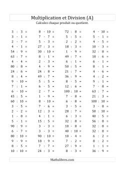100 Questions sur la Multiplication/Division Horizontale de 1 à 10