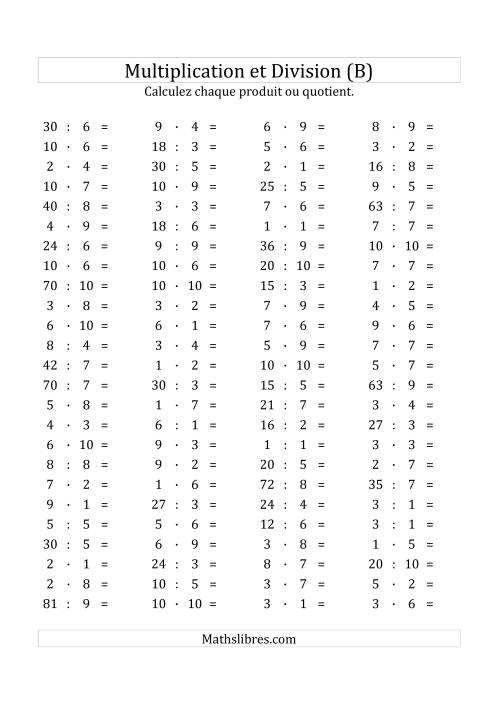 100 Questions sur la Multiplication/Division Horizontale de 1 à 10 (B)