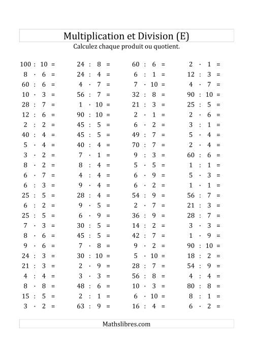 100 Questions sur la Multiplication/Division Horizontale de 1 à 10 (E)