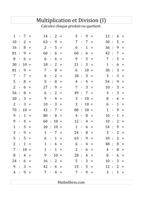 100 Questions sur la Multiplication/Division Horizontale de 1 à 10 (I)
