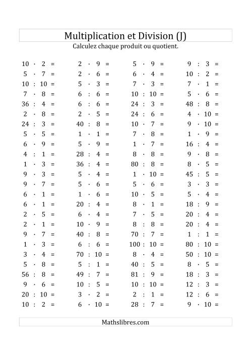 100 Questions sur la Multiplication/Division Horizontale de 1 à 10 (J)