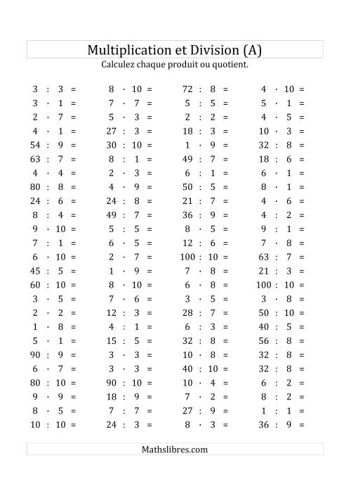 100 Questions sur la Multiplication/Division Horizontale de 1 à 10 (Tout)