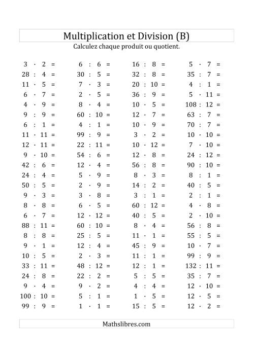 100 Questions sur la Multiplication/Division Horizontale de 1 à 12 (B)