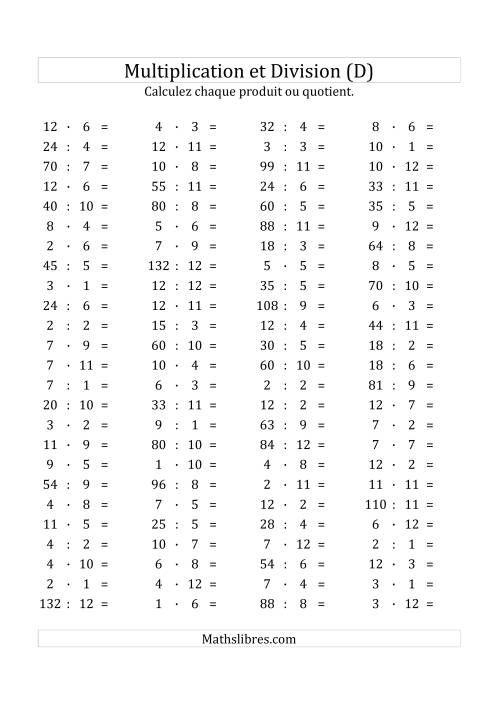 100 Questions sur la Multiplication/Division Horizontale de 1 à 12 (D)