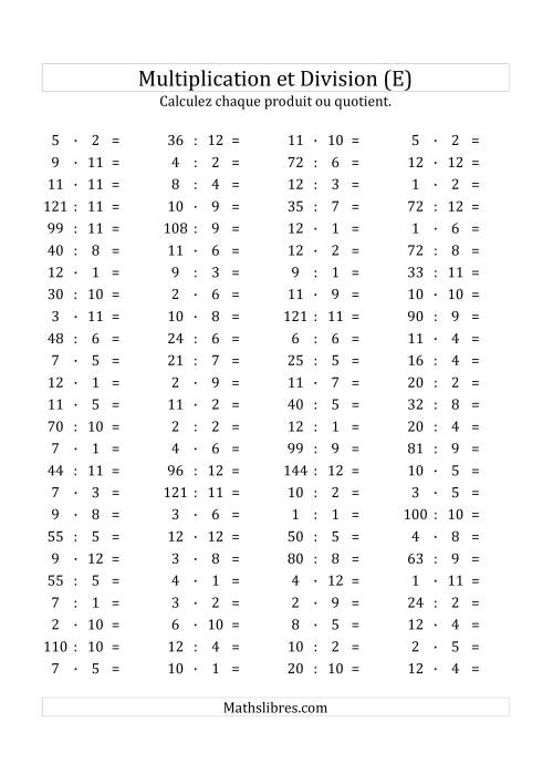 100 Questions sur la Multiplication/Division Horizontale de 1 à 12 (E)