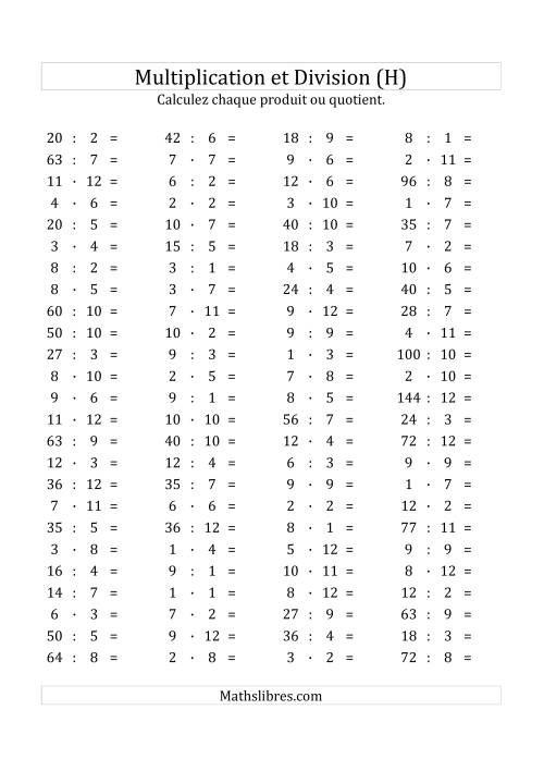 100 Questions sur la Multiplication/Division Horizontale de 1 à 12 (H)