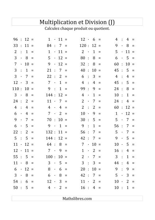 100 Questions sur la Multiplication/Division Horizontale de 1 à 12 (J)