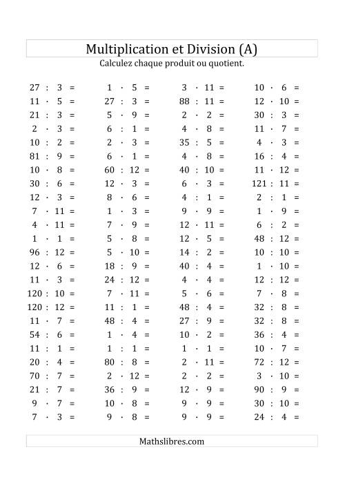 100 Questions sur la Multiplication/Division Horizontale de 1 à 12 (Tout)