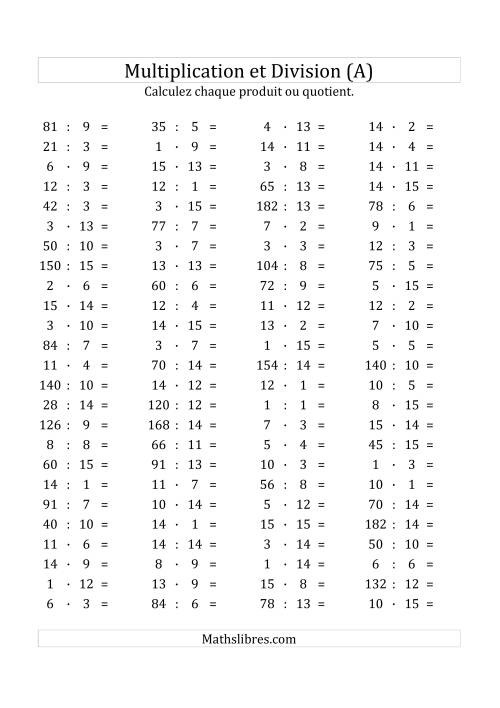 100 Questions sur la Multiplication/Division Horizontale de 1 à 15 (A)