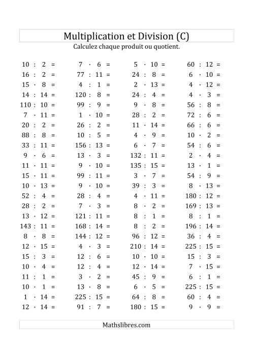 100 Questions sur la Multiplication/Division Horizontale de 1 à 15 (C)