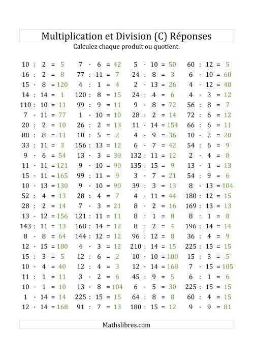 100 Questions sur la Multiplication/Division Horizontale de 1 à 15 (C) page 2