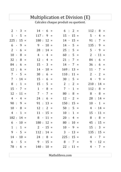 100 Questions sur la Multiplication/Division Horizontale de 1 à 15 (E)