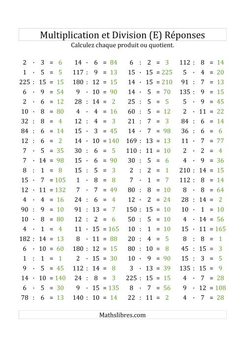 100 Questions sur la Multiplication/Division Horizontale de 1 à 15 (E) page 2