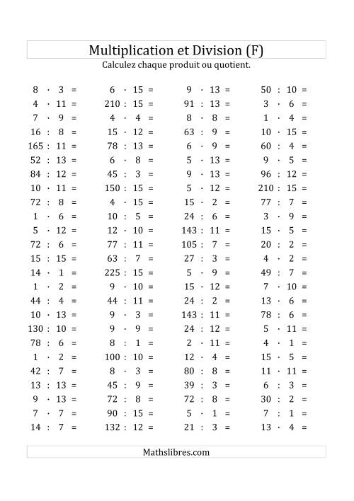 100 Questions sur la Multiplication/Division Horizontale de 1 à 15 (F)