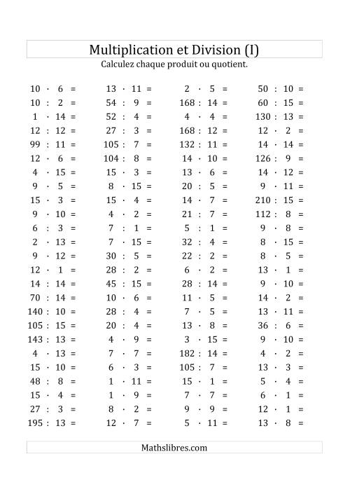 100 Questions sur la Multiplication/Division Horizontale de 1 à 15 (I)